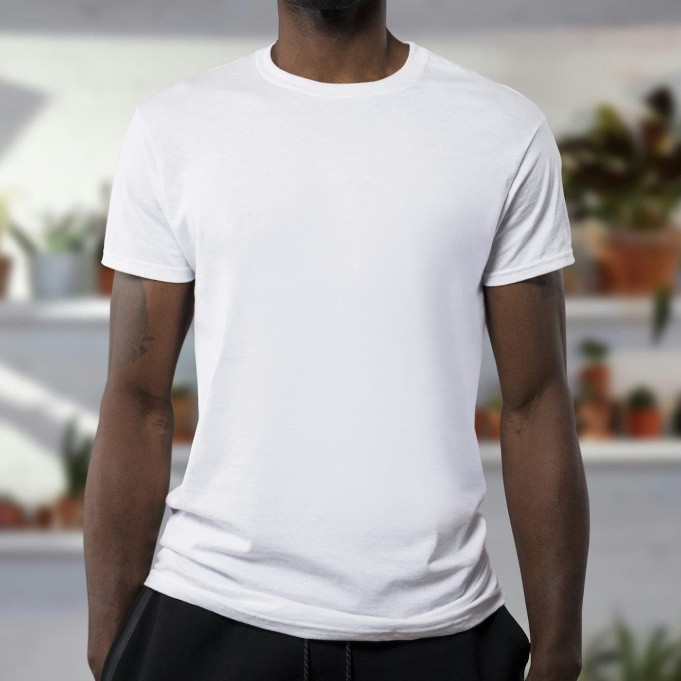 Blank T-shirt showing jersey fabric and neckline construction
